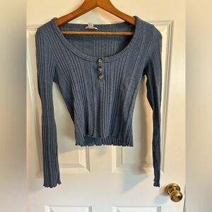 Women's Ribbed Blue Henley Top